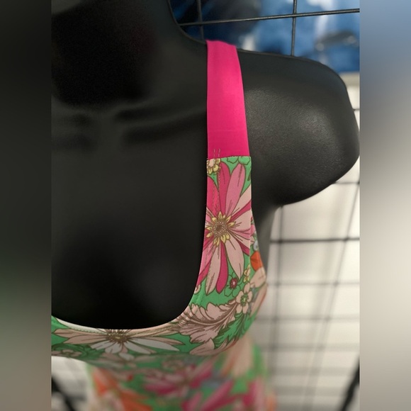 Green Floral Cut Out Pink Self Tie Back Closure Midi Dress - Picture 11 of 17